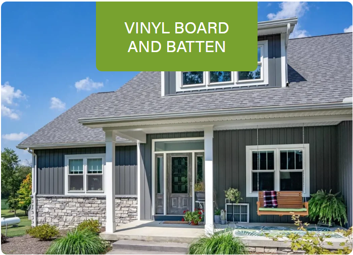 ProVia board and batten vertical vinyl siding installed on a modern home exterior in Kentucky.