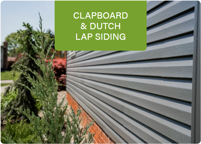 Close-up view of ProVia clapboard and Dutch lap super-polymer vinyl siding installed on a Kentucky home.