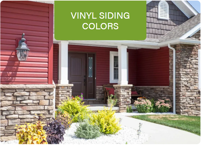 ProVia vinyl siding color options shown on a home featuring vibrant red siding with stone accents.