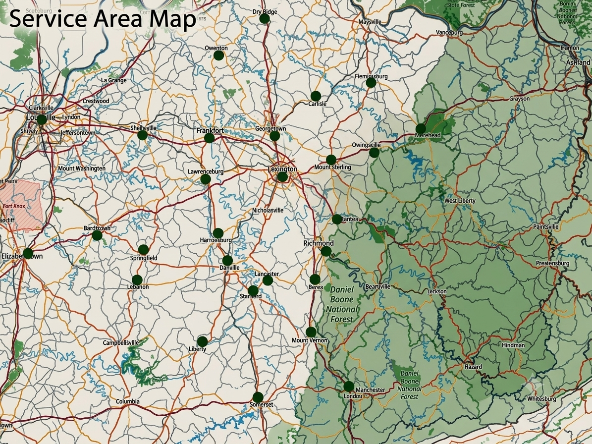 Service area map centered on Lexington, KY — approximately a 1-hour radius